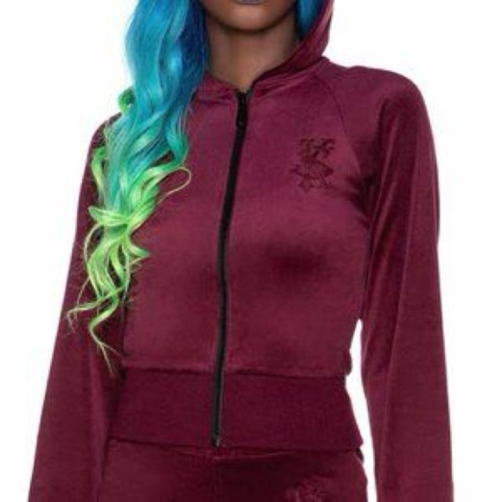 Killstar Burgundy/Wine Cropped Velvet Hoodie